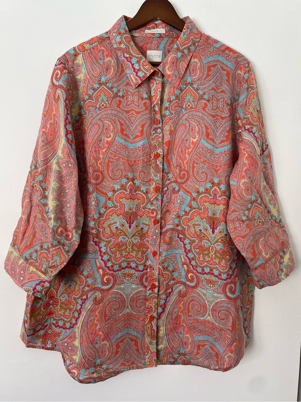 Chico’s 3 XL Linen Shirt Paisley Orange Blue Boho Tunic Button Up 3/4 Sleeves